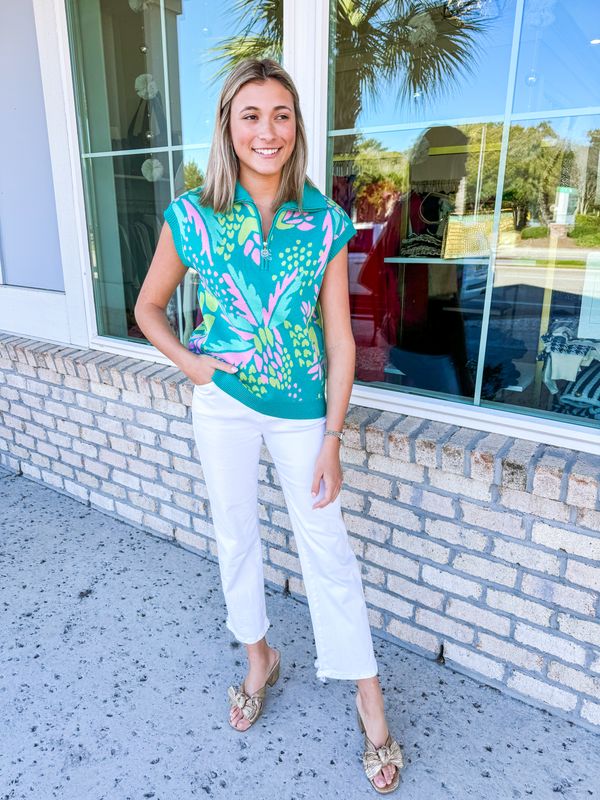 Zip Up Abstract Sweater Top - Green