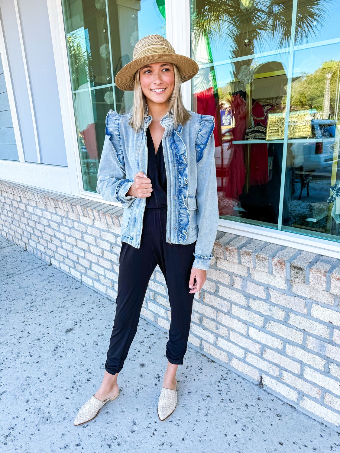 Ruffle Detail Washed Denim Jacket