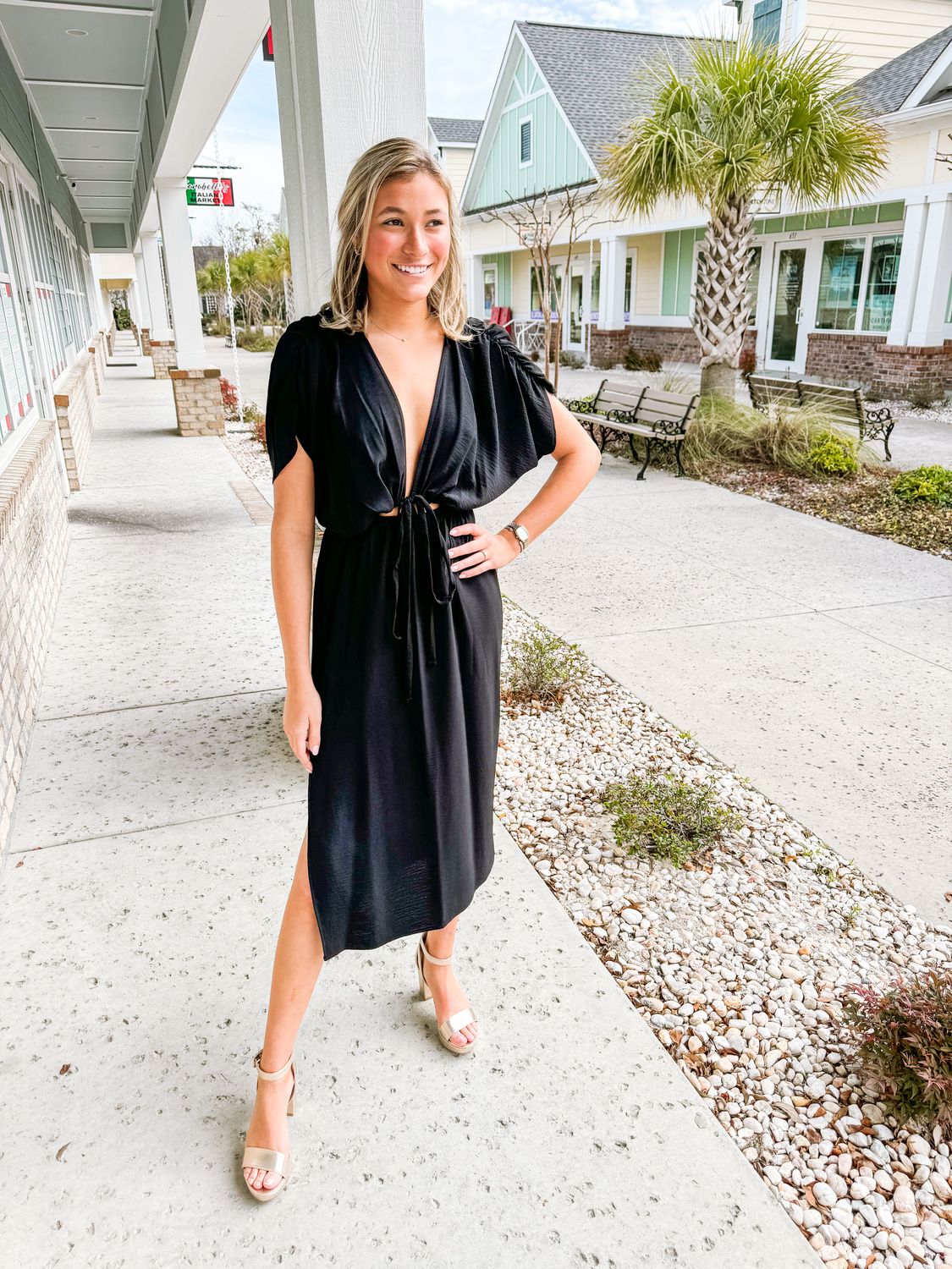 Tie Front Midi Dress - Black