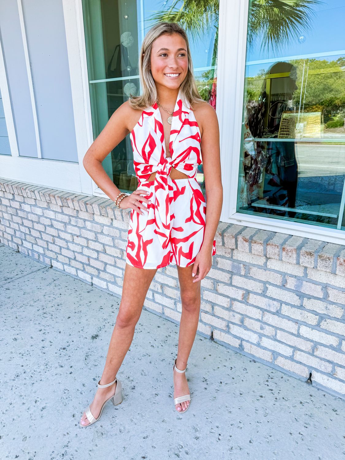 Abstract Tie Detail Halter Romper - Red