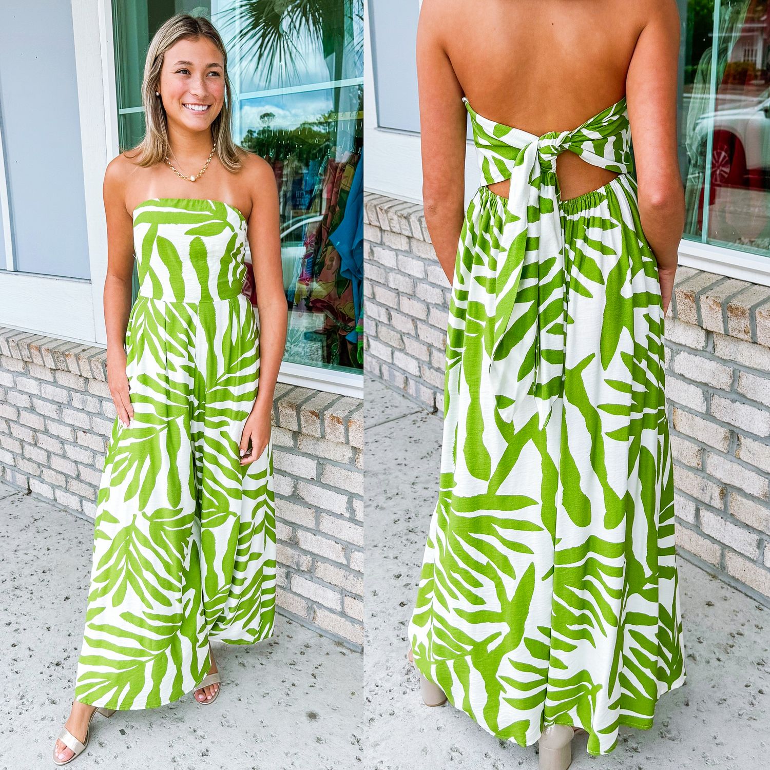 Strapless Tie Back Abstract Jumpsuit - Green