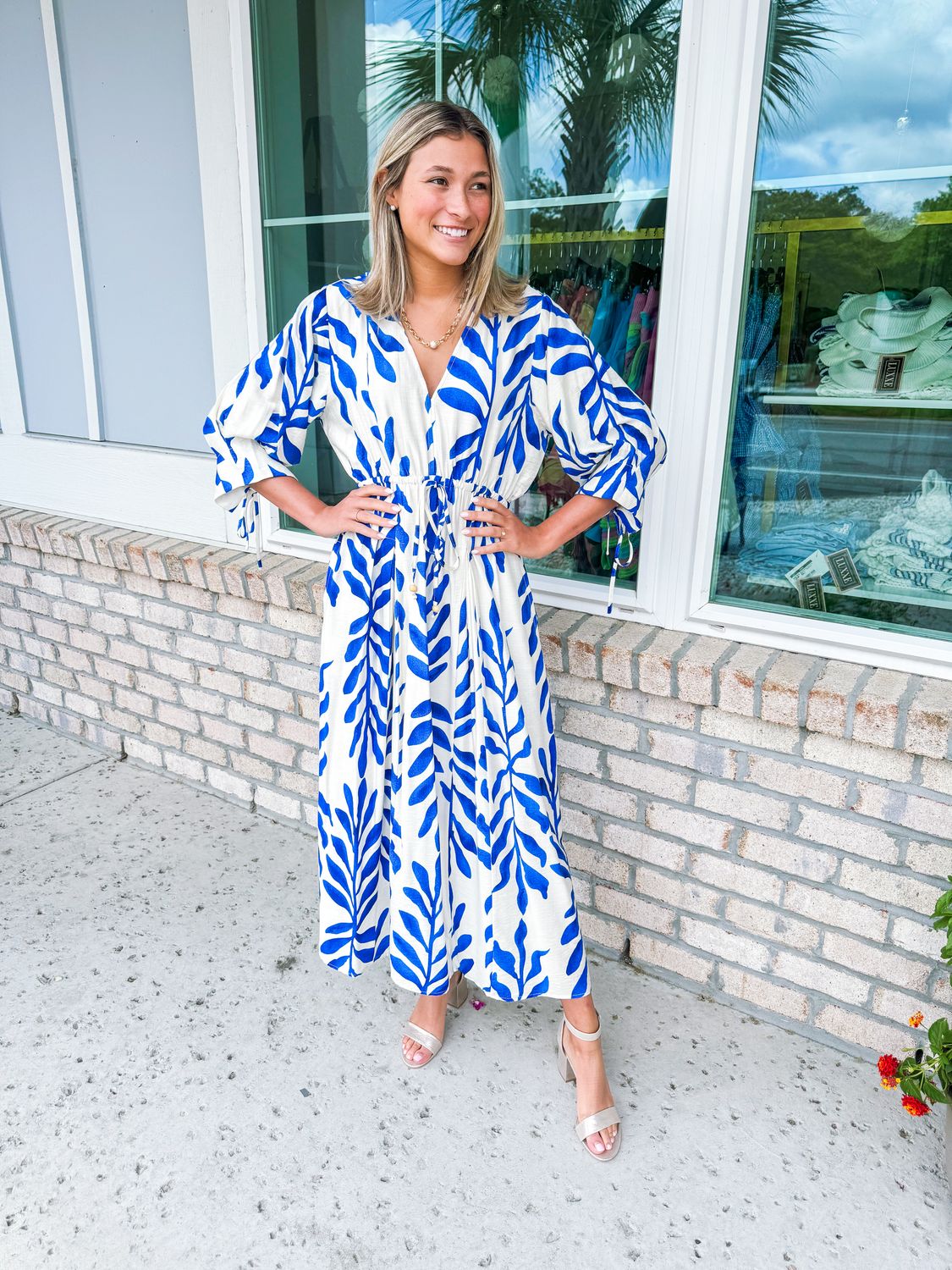Tie Detail Abstract Midi Dress - Blue