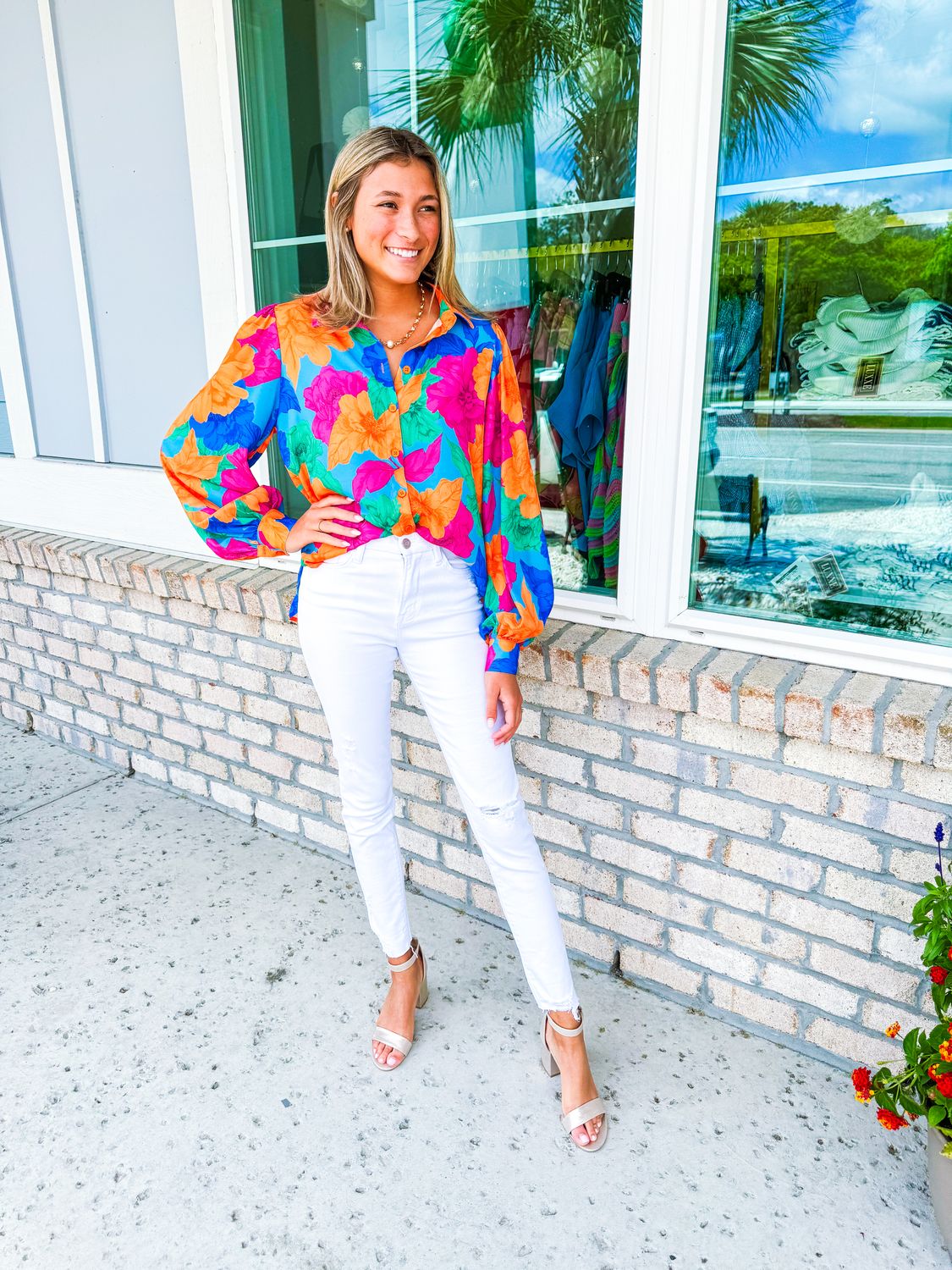 Vibrant Floral Button Down Shirt - Orange