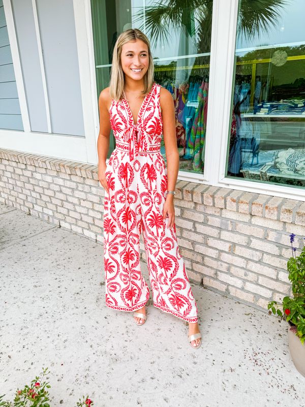 Tropical Front Tie Jumpsuit - Red