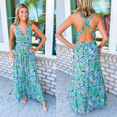 Tropical Open Back Maxi Dress