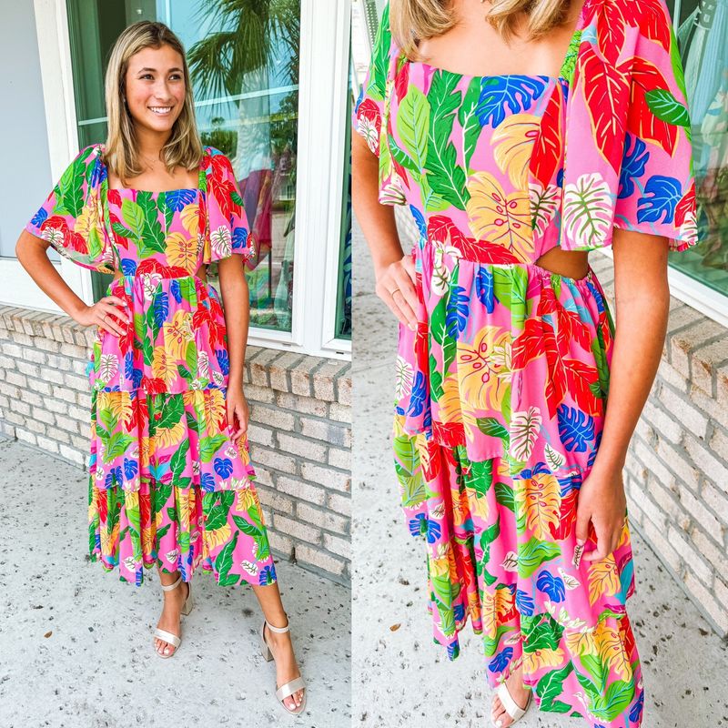 Cut Out Sides Tropical Midi Dress - Pink