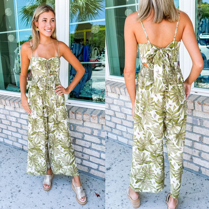 Tie Back Tropical Jumpsuit - Green