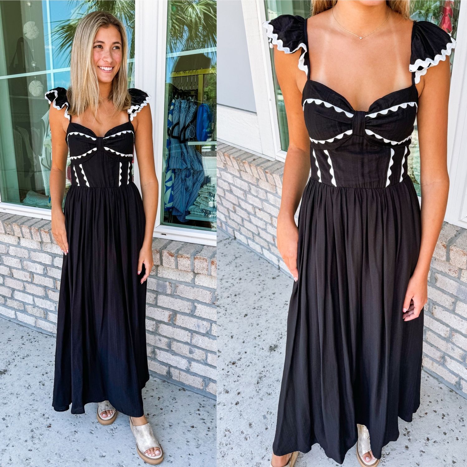 Ric Rac Detail Midi Dress - Black