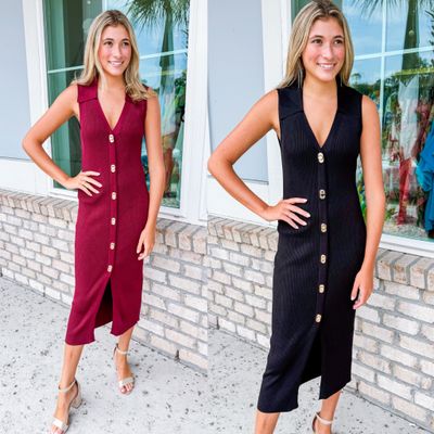 Gold Locks Knit Collared Midi Dress