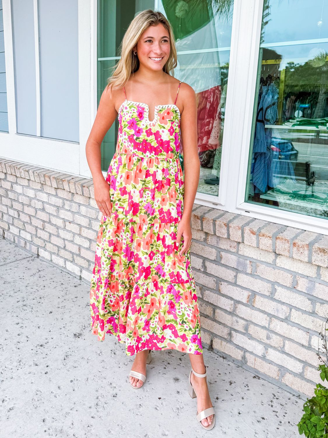 Stitch Detail Floral Maxi Dress - Pink