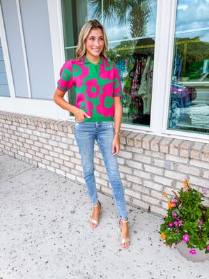 Floral Collared Sweater Top - Green