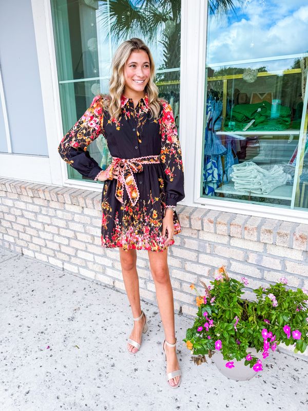 Floral Border Print Dress - Black