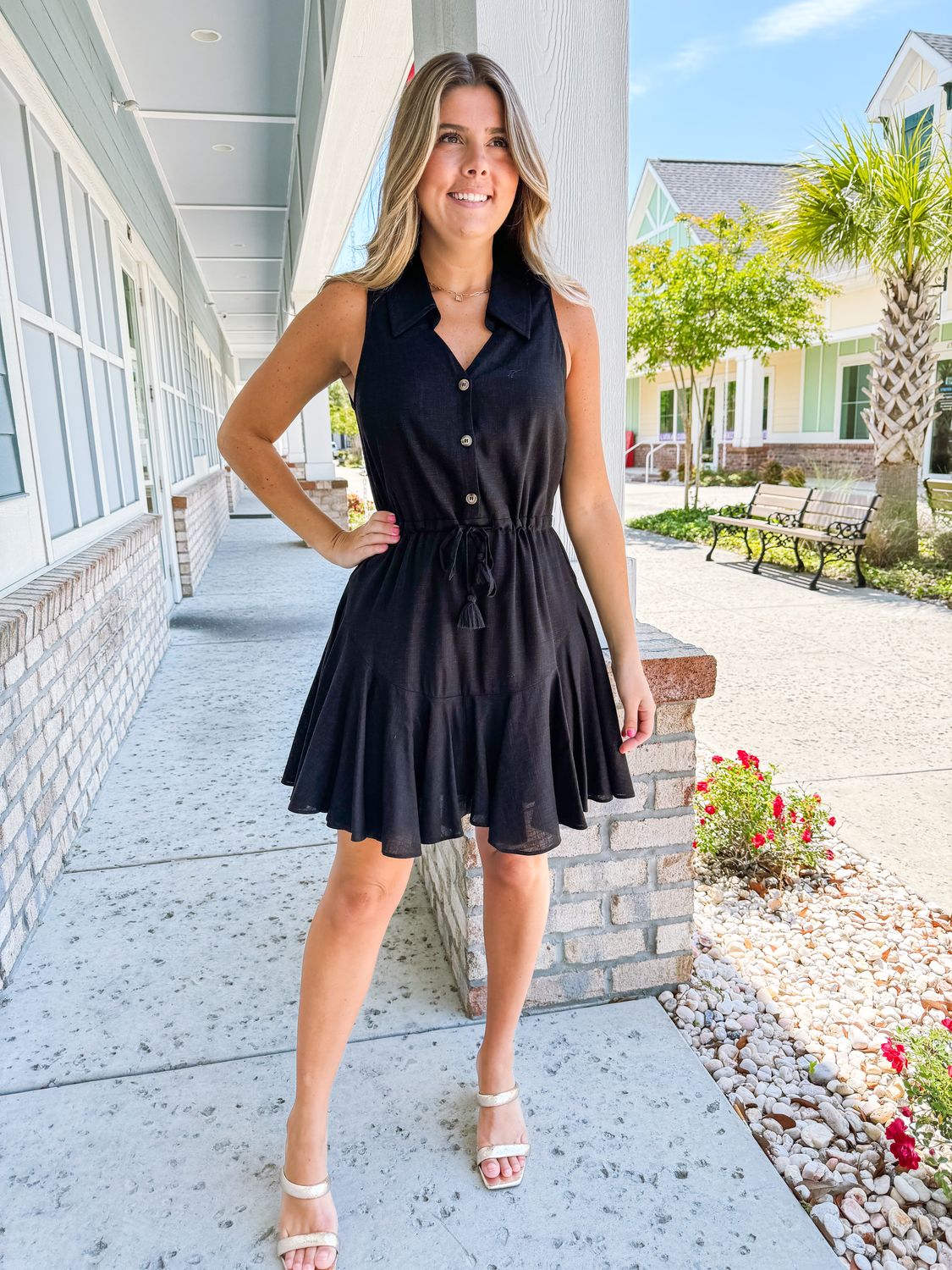 Linen Collared Button Up Dress - Black