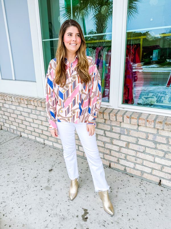 Chain Print Button Down Shirt - Pink