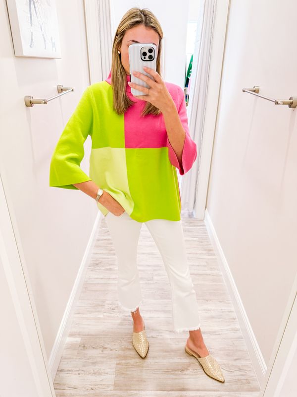 Color Block Mock Neck Sweater - Hot Pink