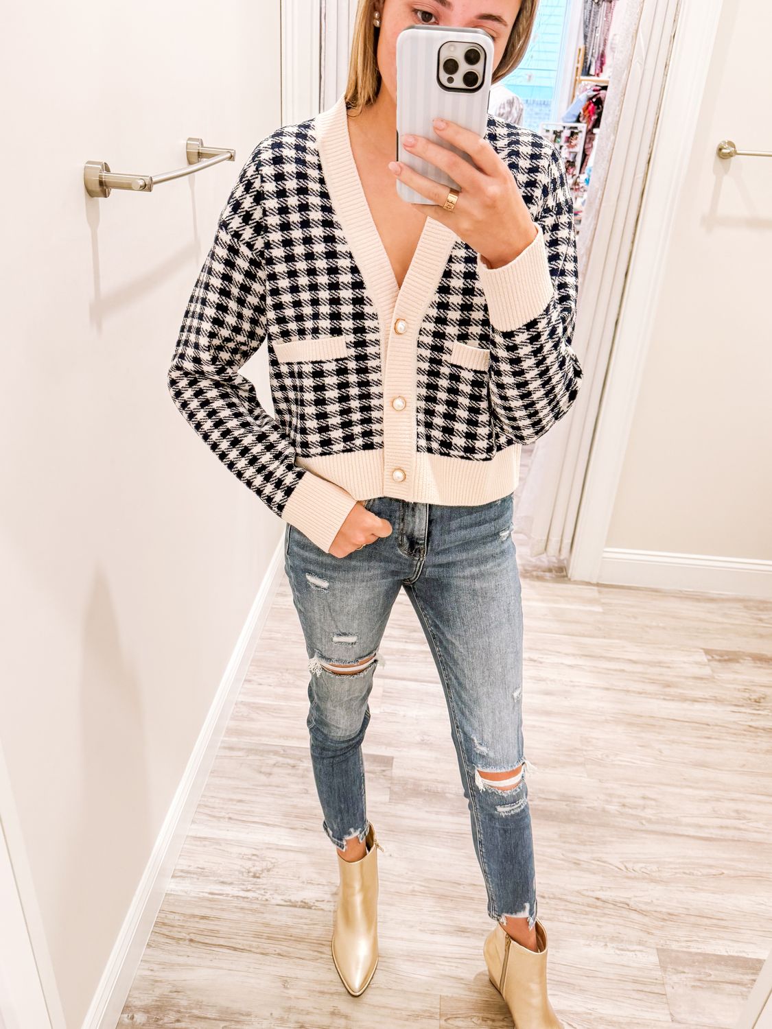 Checkered Sweater Cardigan - Navy