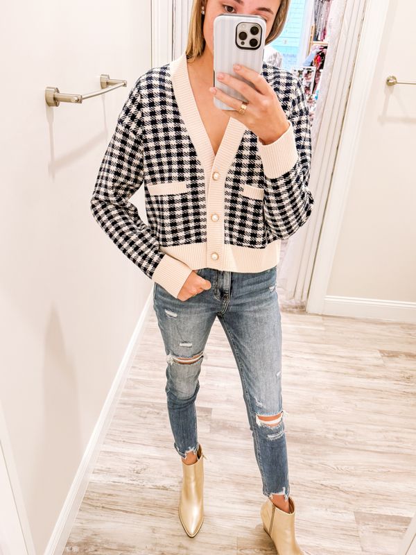 Checkered Sweater Cardigan - Navy