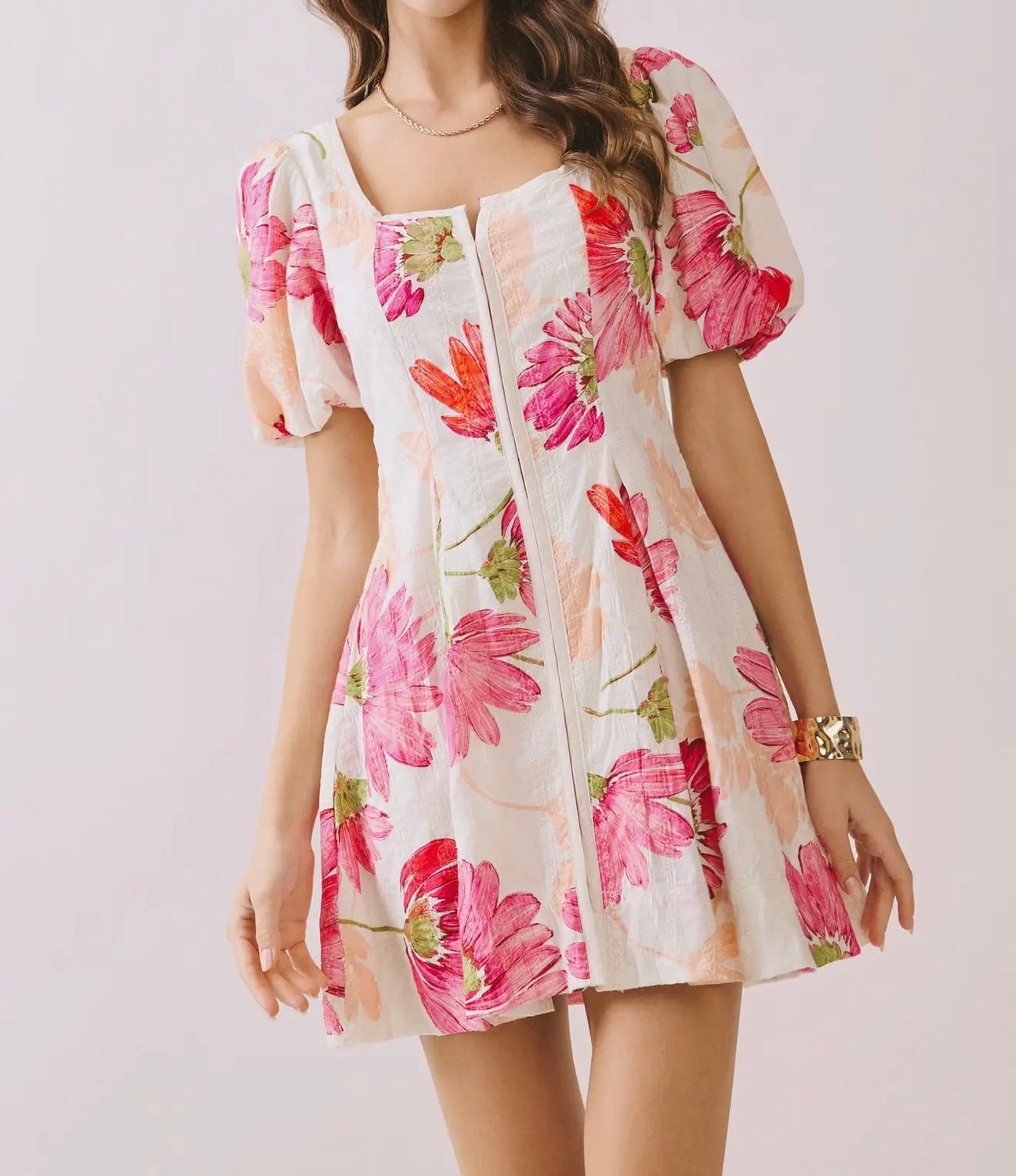 Puff Sleeves Floral Dress - Cream