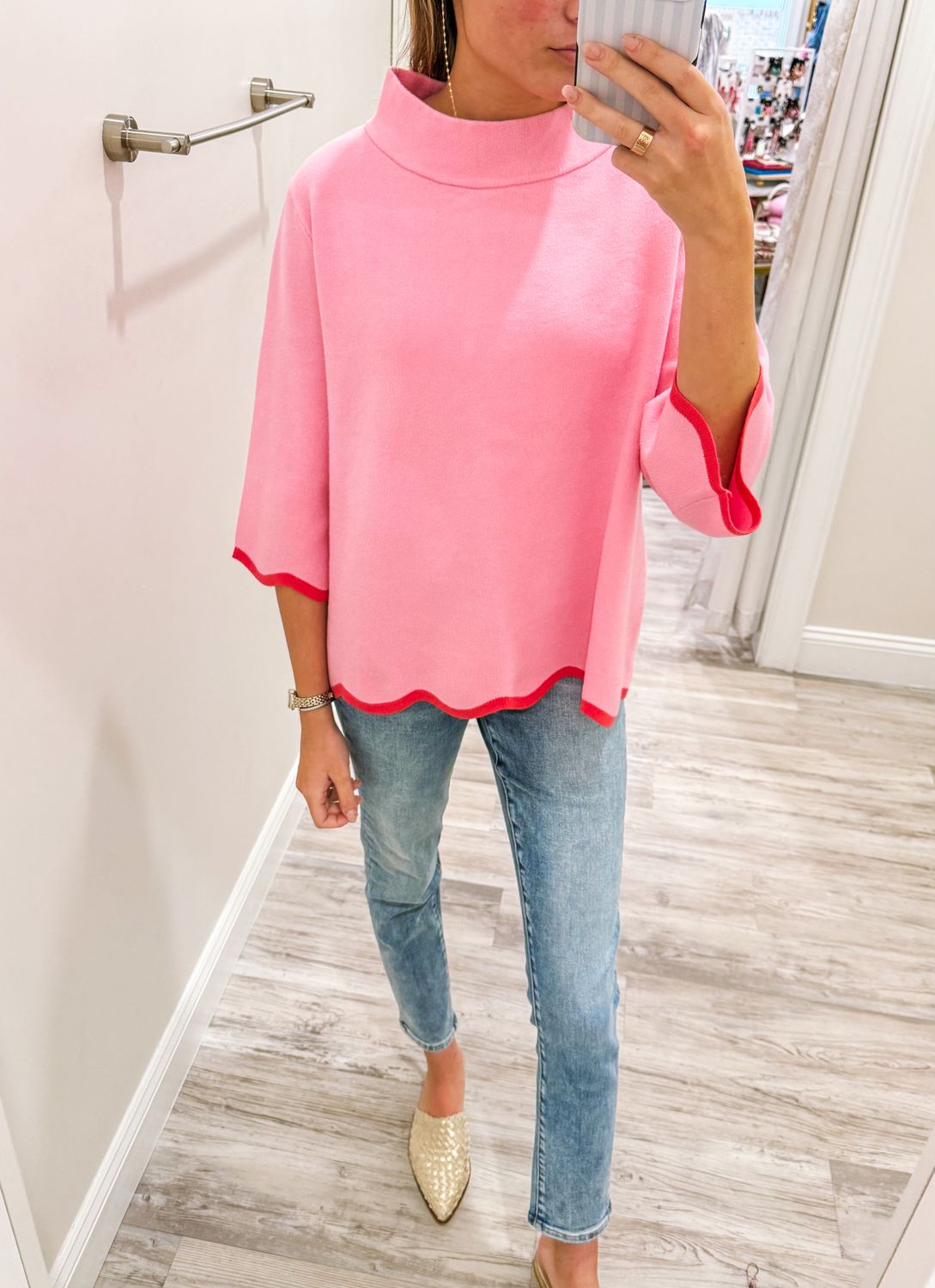 Contrast Scalloped Edge Sweater - Pink