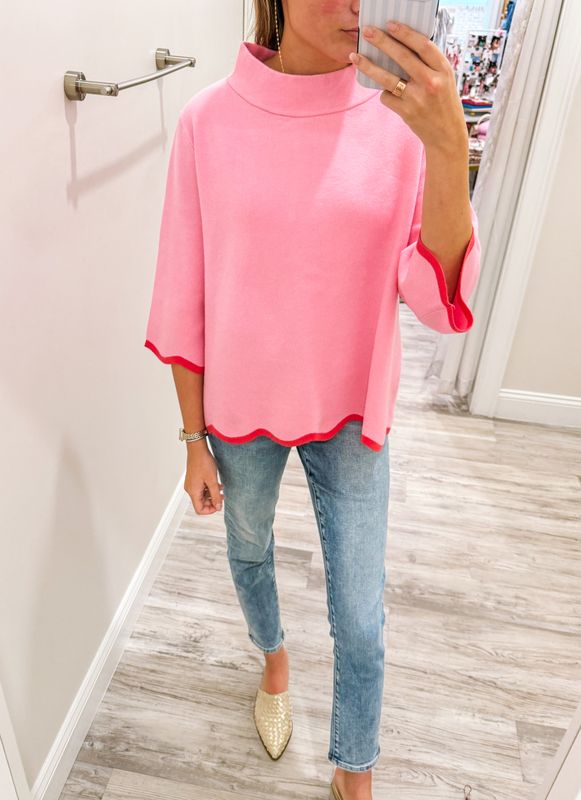 Contrast Scalloped Edge Sweater - Pink
