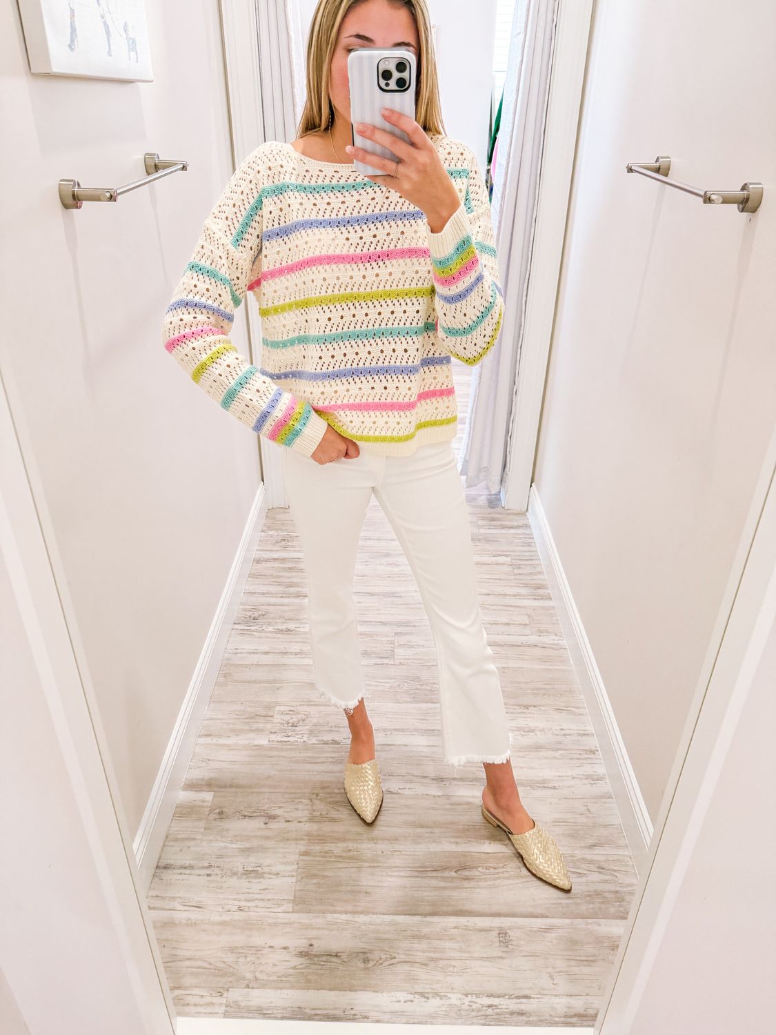 Striped Open Knit Sweater - Cream