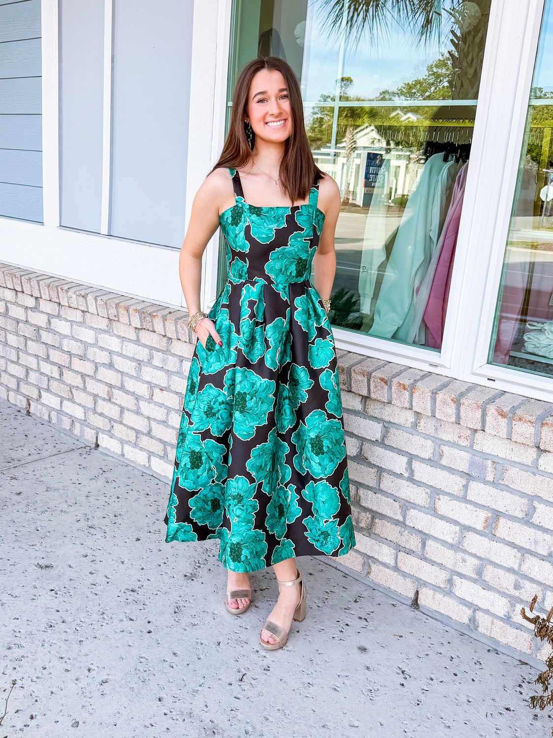 Floral Party Midi Dress - Black/Green