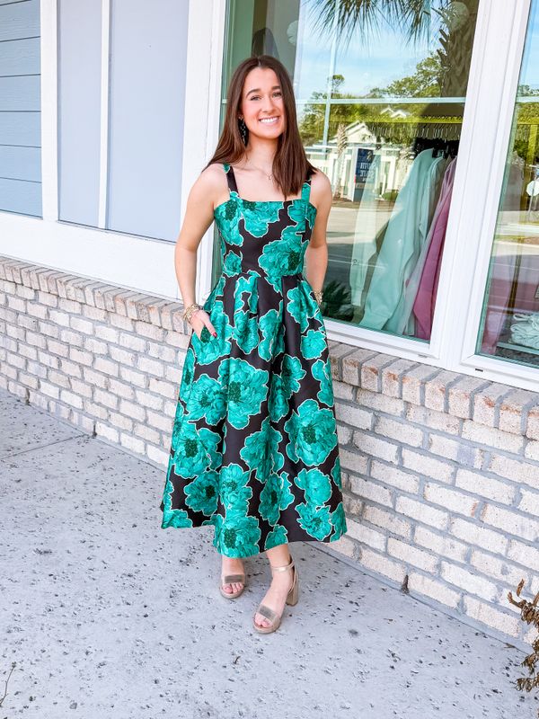 Floral Party Midi Dress - Black/Green