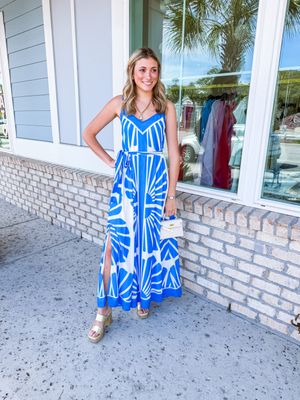 Abstract Tie Waist Maxi Dress - Blue