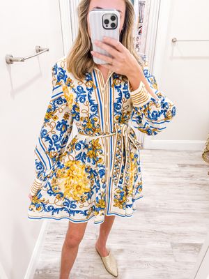 Border Print Button Down Dress - Off White
