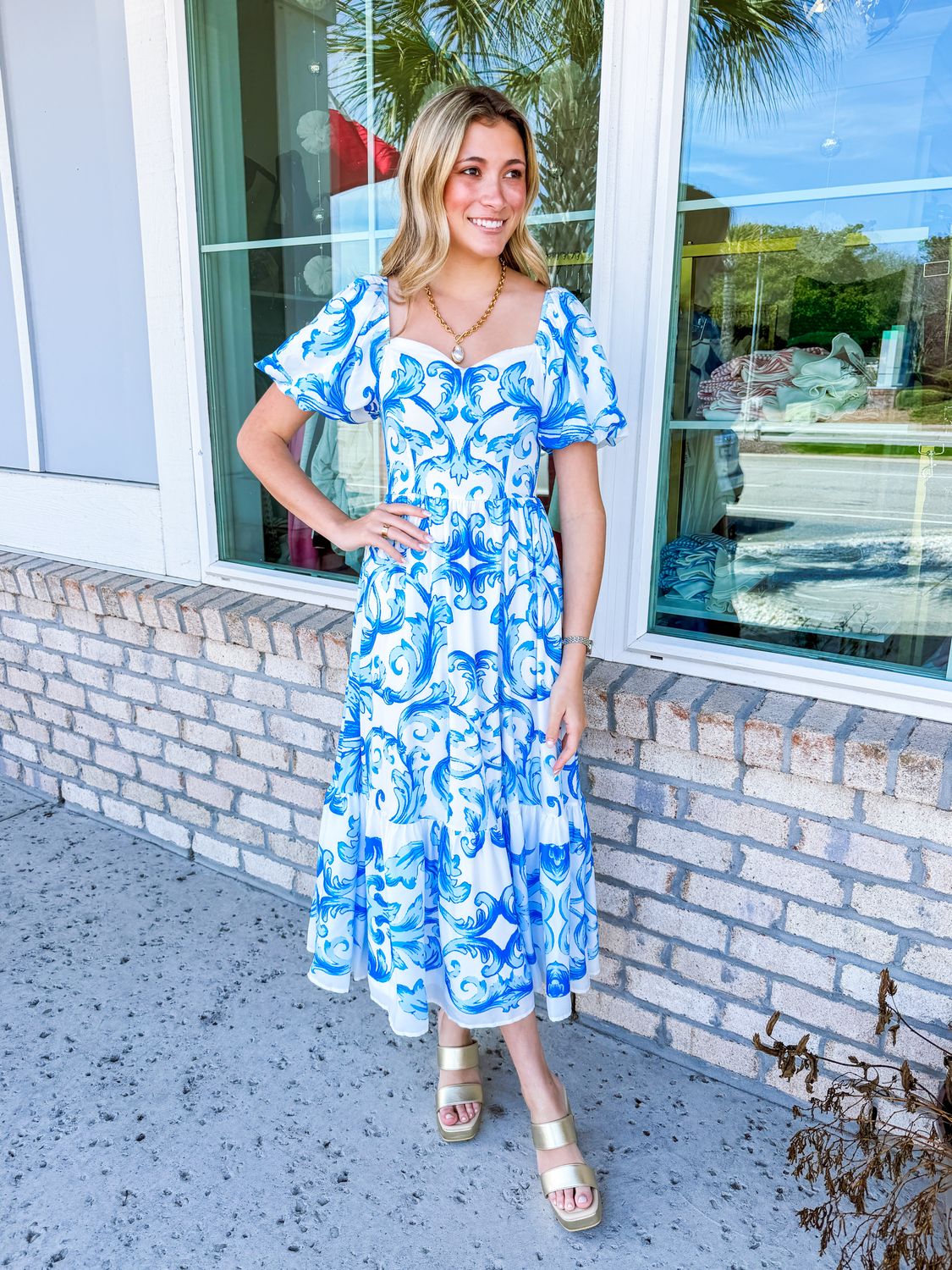Puff Sleeves Mix Paisley Midi Dress - Blue