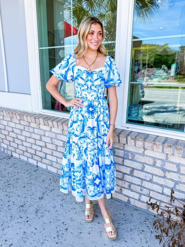 Puff Sleeves Mix Paisley Midi Dress - Blue
