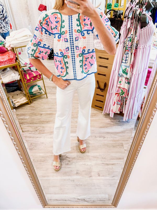 Abstract Floral Embroidery Top - White