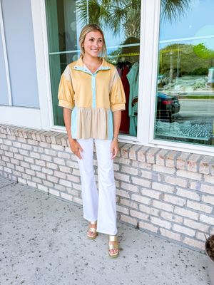 Mixed Color Block Peplum Top - Tan