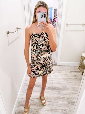 Tropical Scalloped Strapless Dress - Black