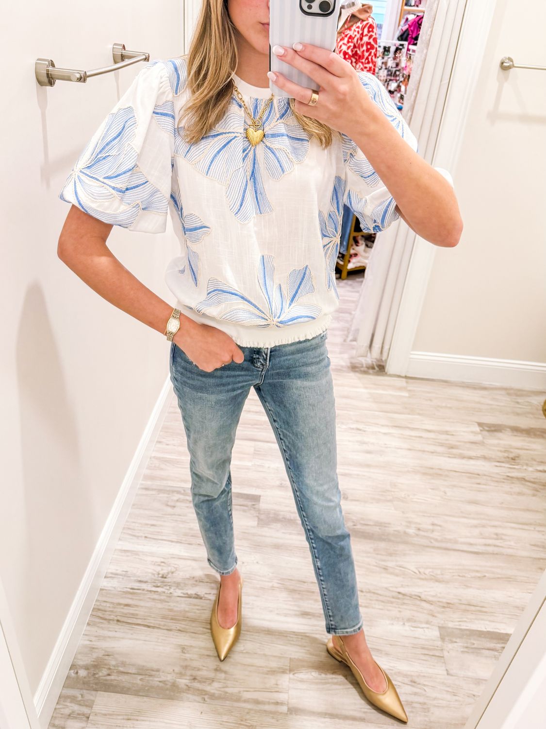 Contrast Floral Embroidery Top - Cream