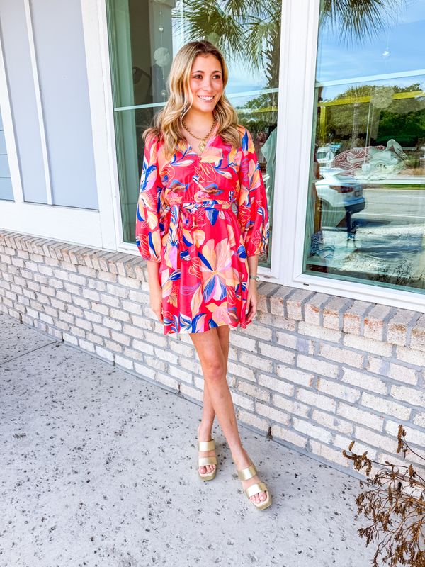 Floral Button Up Dress - Red