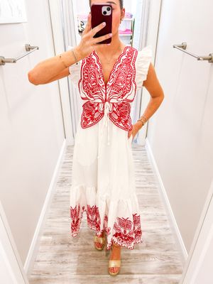 Embroidery Detail Maxi Dress -White/Red