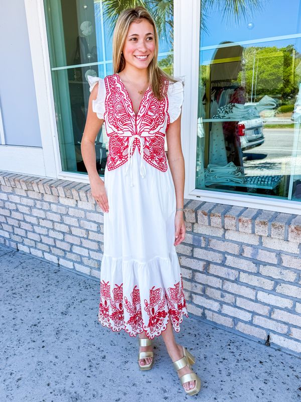 Embroidery Detail Maxi Dress -White/Red
