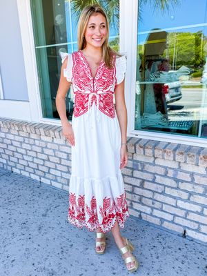 Embroidery Detail Maxi Dress -White/Red