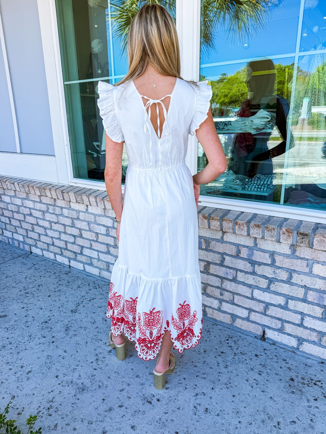 white and red embroidered maxi dress Flower Cutwork Embroidered Maxi Dress in Red