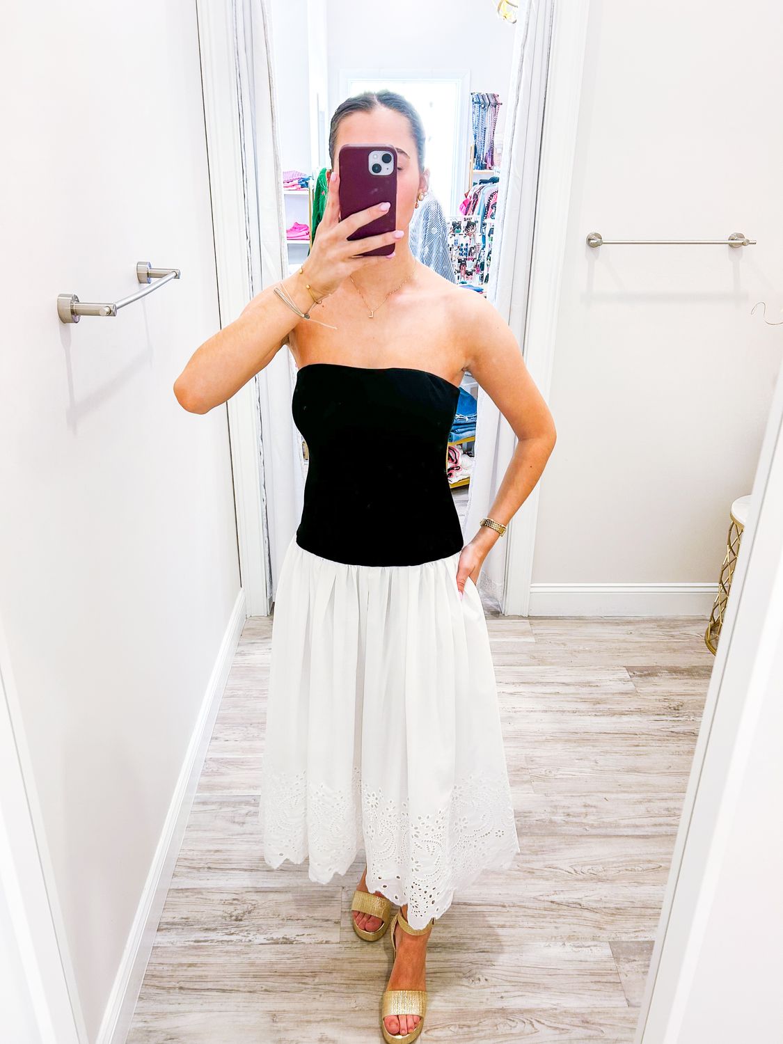 Eyelet Hem Two Tone Strapless Dress - White/Black