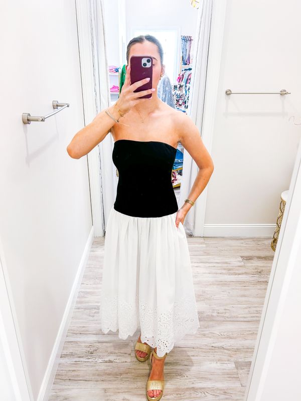 Eyelet Hem Two Tone Strapless Dress - White/Black