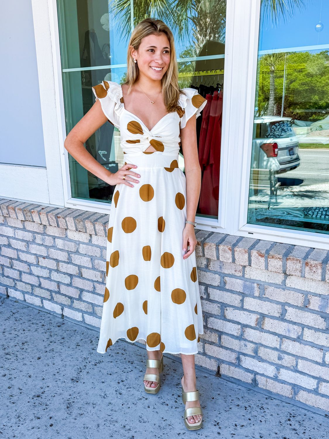 Ruffle Sleeves Polka Dot Midi  Dress - Camel