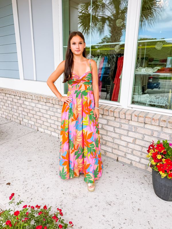 Cut Out Tropical Maxi Dress - Brown/Pink