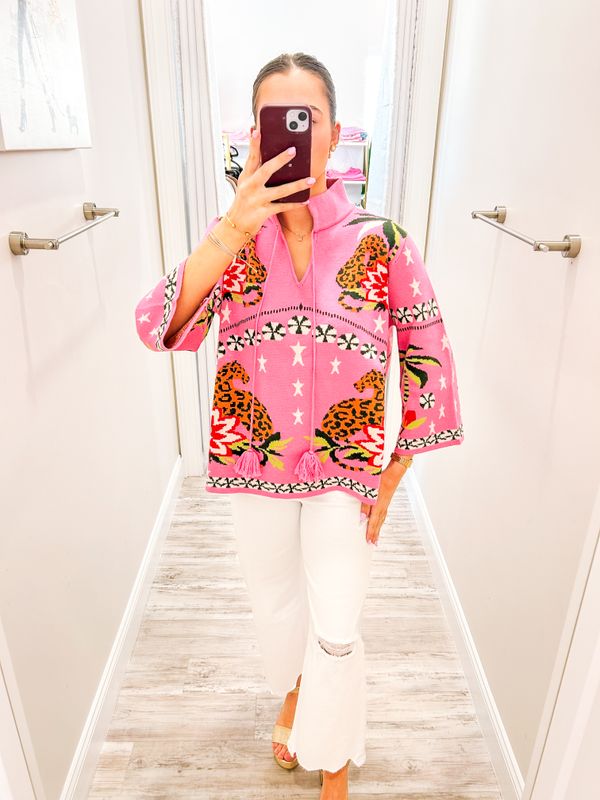 Tropical/Leopard Sweater - Pink