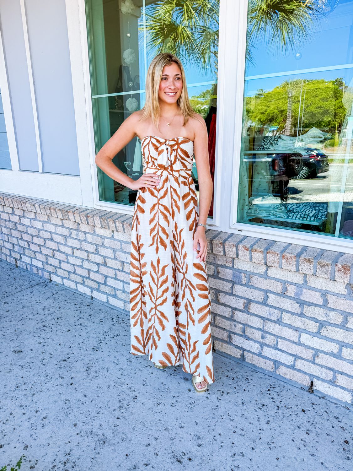 Tie Front Strapless Abstract Jumpsuit - Brown