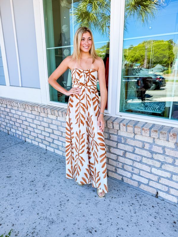 Tie Front Strapless Abstract Jumpsuit - Brown