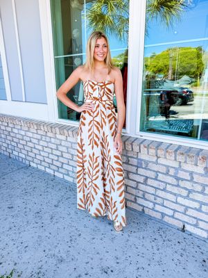 Tie Front Strapless Abstract Jumpsuit - Brown