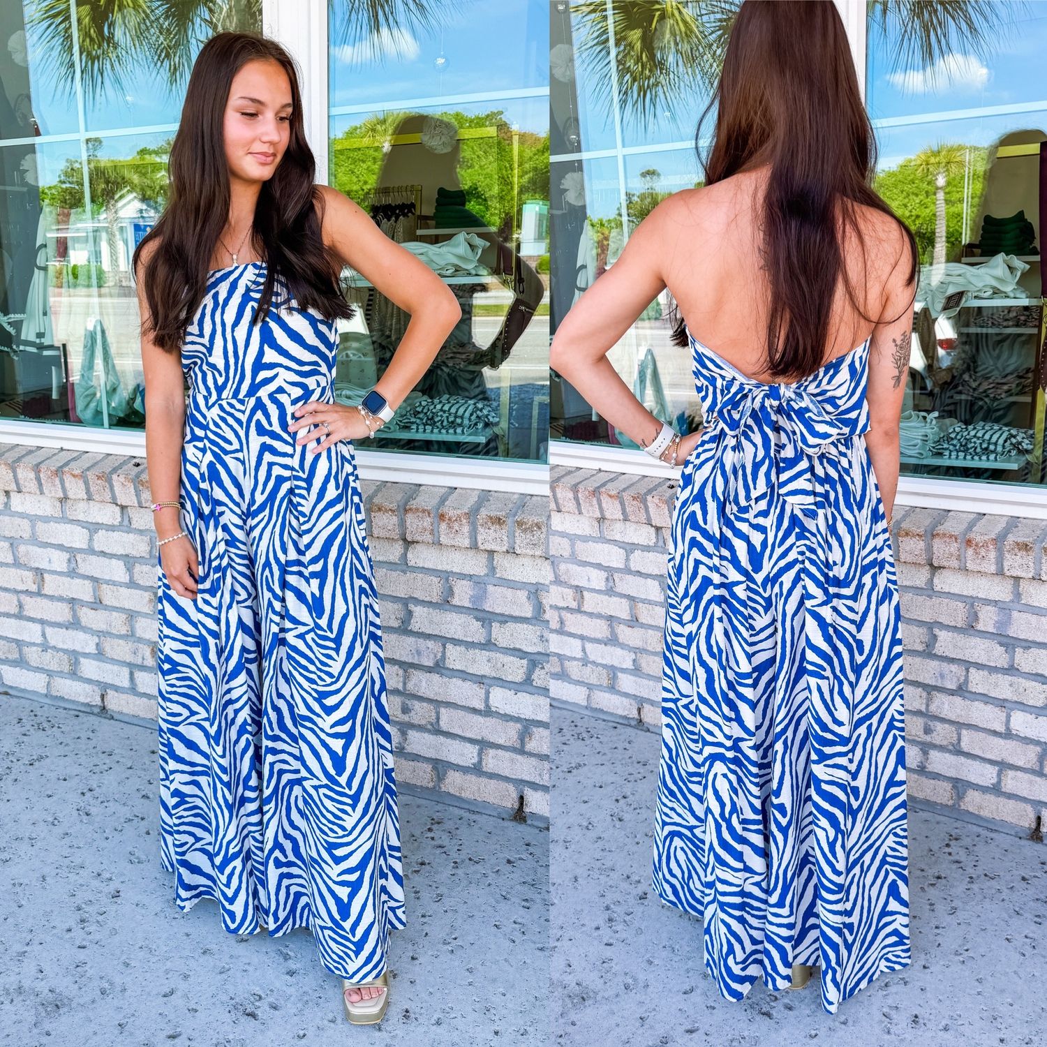 Tie Back Strapless Abstract Jumpsuit - Blue