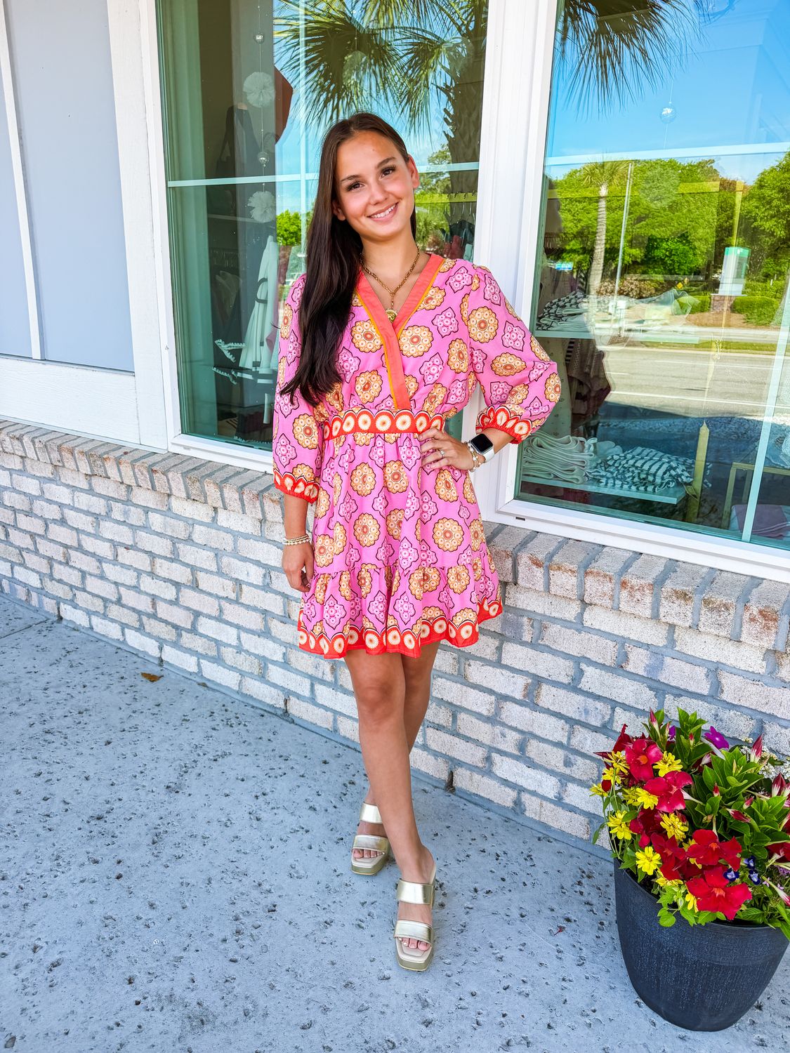 Abstract/Border Smocked Waist Dress - Pink